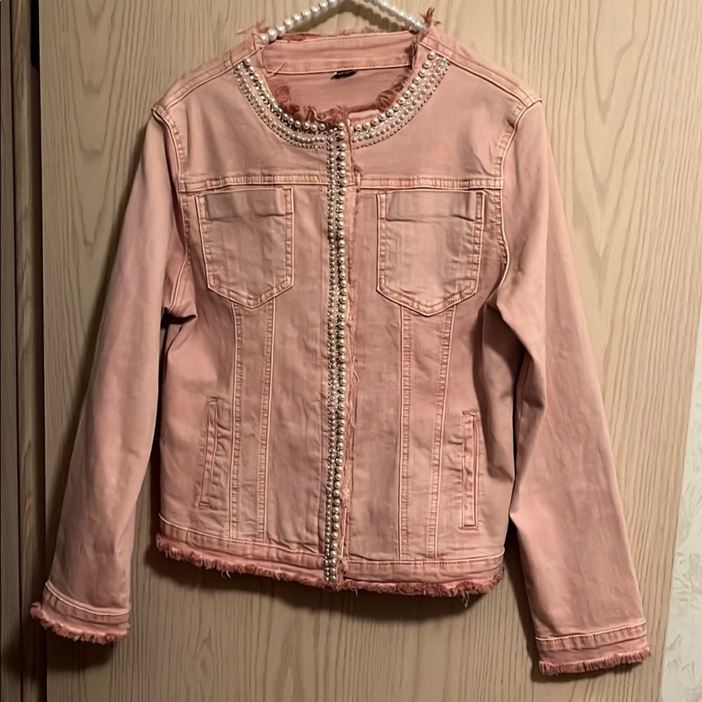 Stylish Pink Denim Jacket with Pearl Details